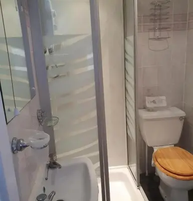 a bathroom with a toilet and a sink and a shower at OYO Wynnstay Hotel in Blackpool