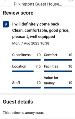 a screenshot of a cell phone showing a review score at Pilkingtons Guest House Accrington in Accrington