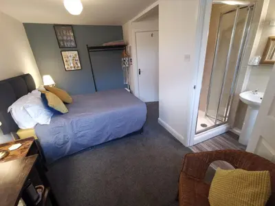 a hotel room with a bed and a sink at Pilkingtons Guest House Accrington in Accrington