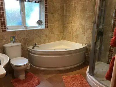 a bathroom with a tub and a toilet and a shower at Merok Lodge in Great Eccleston
