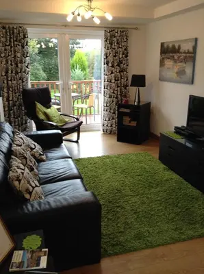 a living room with a couch and a green rug at Merok Lodge in Great Eccleston