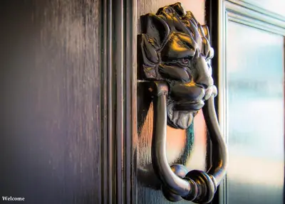 a doorhandle with a lion head on a wooden door at No.10 Preston in Preston