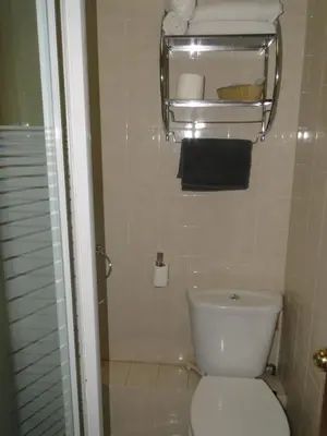 a small bathroom with a toilet and a shower at Windsor Hotel in Blackpool