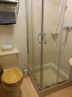 a bathroom with a shower with a toilet and a sink at Windsor Hotel in Blackpool
