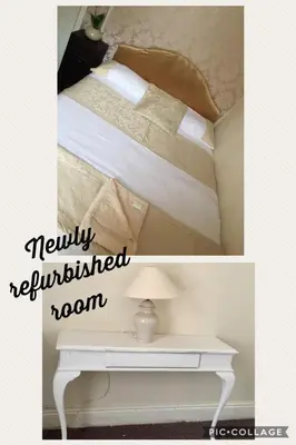 two pictures of a bed with a table with a lamp at The Galloway in Blackpool