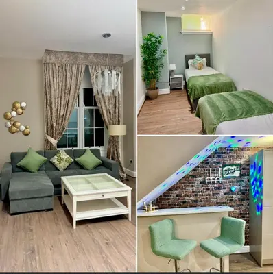three pictures of a bedroom and a living room at Elysium Liverpool in Liverpool
