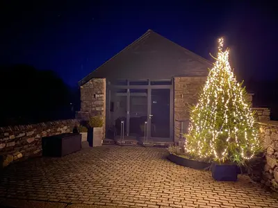 a christmas tree in front of a house at night at The Old Roller Shed in Cartmel