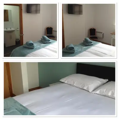 two pictures of a bedroom with a bed with towels on it at The Bear On The Square in Millom