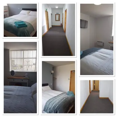 four different pictures of a hotel room with a bed and a television at The Bear On The Square in Millom