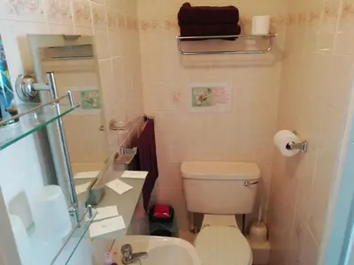 a small bathroom with a toilet and a sink at The Shining Diamond in Blackpool