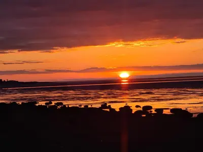a sunset on the beach with a flock of birds at Dolphin House in Preesall