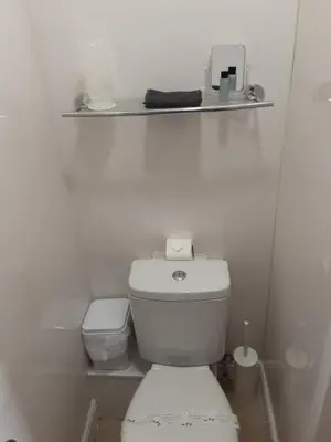 a white bathroom with a toilet and a shelf at The Cardoun in Blackpool