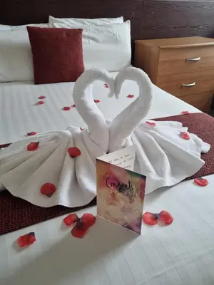 two towel swans making a heart on a bed at The Georgian Hollies Hotel in Blackpool