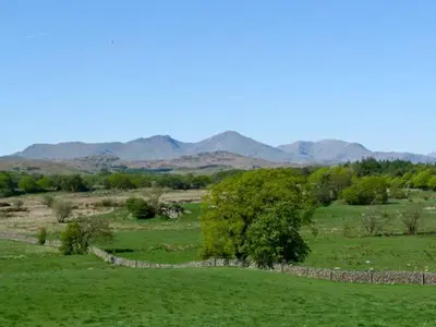 a field with a stone fence and trees and mountains at The Crook in Great Urswick