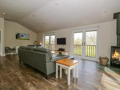a living room with a couch and a fireplace at Cartmel Lodge in Cartmel