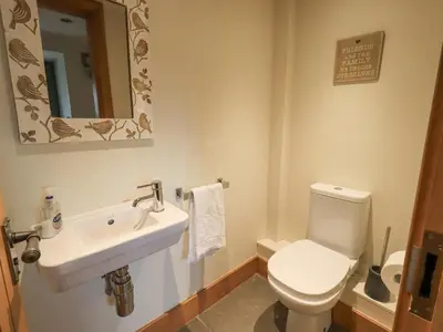 a bathroom with a white toilet and a sink at Lime Cottage in Backbarrow