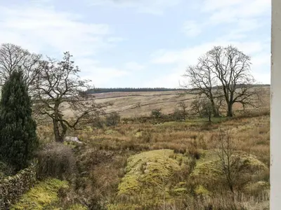 a field of grass with trees in the distance at Saetr Cottage in Harrop Fold