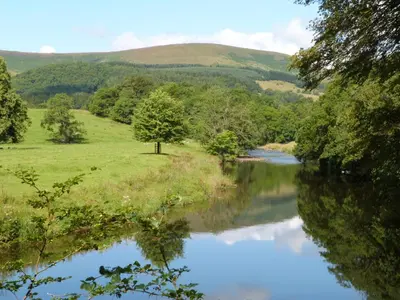 a river in the middle of a field with trees at Saetr Cottage in Harrop Fold