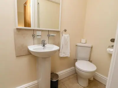 a bathroom with a toilet and a sink and a mirror at Stable Cottage in Burton in Lonsdale