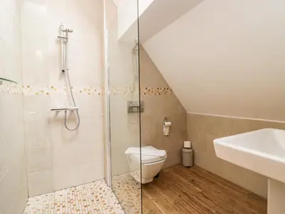 a bathroom with a shower and a toilet and a sink at Bluebell Cottage in Ulverston