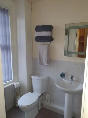 a white bathroom with a toilet and a sink at Hawthorn House in Blackpool