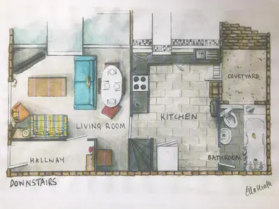 a drawing of a floor plan of a living room at 44 Stonehill Street in Liverpool