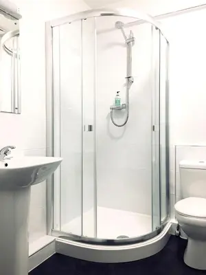 a bathroom with a shower with a sink and a toilet at The Mercury in Bolton
