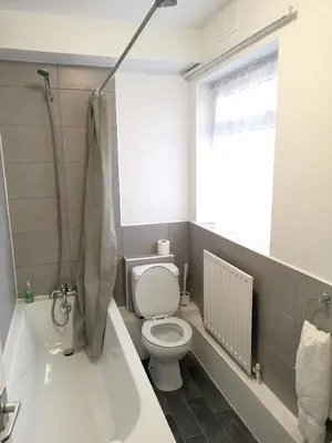 a bathroom with a toilet and a bath tub at The Mercury in Bolton