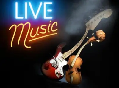 a sign that says live music with a guitar at Ambrose Hotel in Barrow in Furness