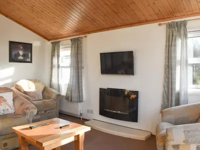 a living room with a couch and a fireplace at Tranquillity in Millom