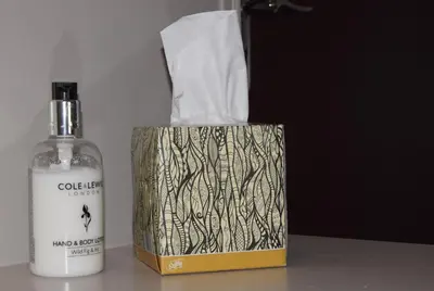 a bottle of whiskey next to a box with a tissue at Avenue Guest House in Blackpool