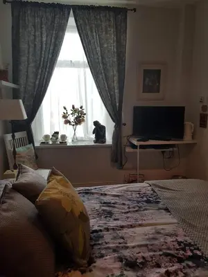 a bedroom with a bed and a window with a television at The Pavilion Guest House in Millom