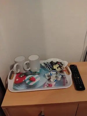 a tray with two cups on top of a table at Fern Villa Hotel - Albert Road in Blackpool