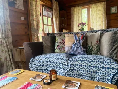 a couch with a pillow with a rabbit on it at Log home village in Ulverston