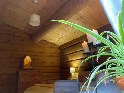 a bedroom with wooden walls and a bed and a plant at Log home village in Ulverston