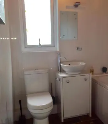 a bathroom with a white toilet and a sink at Tegid Lodge- Pine Lake Resort in Carnforth