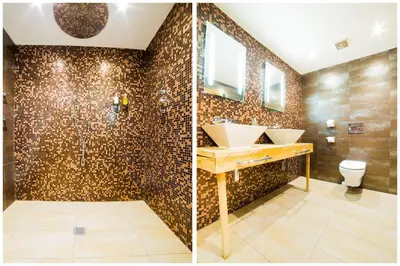 two pictures of a bathroom with two sinks and a toilet at OYO Imperial Hotel in Barrow in Furness