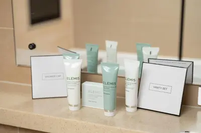 a group of four products sitting on a counter at Spa Hotel at Ribby Hall Village in Wrea Green