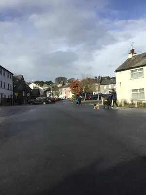 a person walking a dog in the street at 2 leather lane in Ulverston