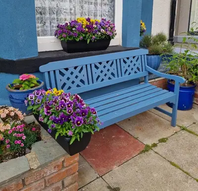 a blue bench next to some flowers in pots at Sirocco Blues Guest House in Blackpool