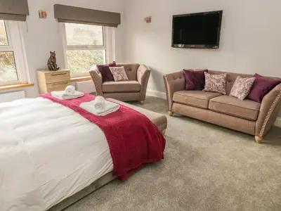 a bedroom with a bed and two couches and a flat screen tv at Ellie's Lodge in Ulverston