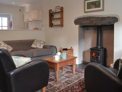 a living room with a fireplace and a couch at Coopers Cottage in Haverthwaite