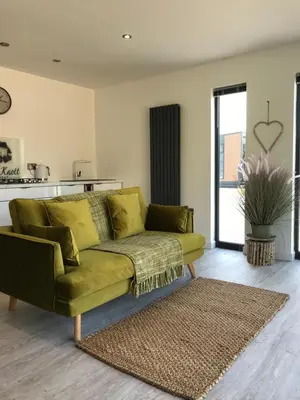 a living room with a green couch and a rug at Parkknott Retreat Luxury Lodge with Private Hot Tub in Askam in Furness