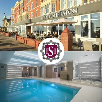 a collage of two pictures of a hotel with a swimming pool at Hotel Sheraton in Blackpool