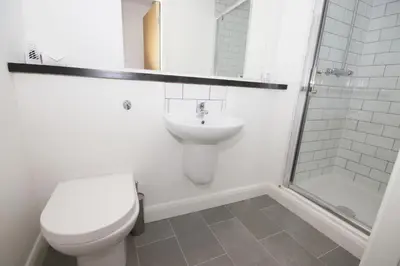 a bathroom with a toilet and a sink and a shower at Fox Street Delight in Liverpool
