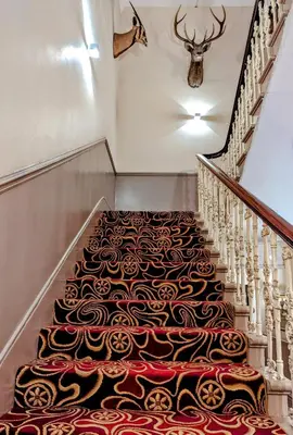a set of stairs with a patterned carpet at The Racquet Club in Liverpool