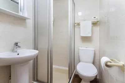 a bathroom with a toilet and a sink and a shower at Maples Hotel in Blackpool