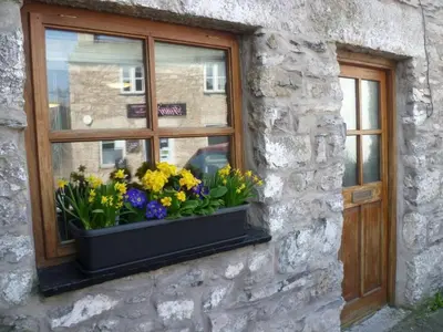 a window with a pot of flowers on a stone wall at Causeway Cottage in Cartmel