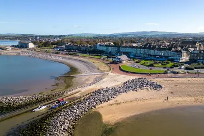 an aerial view of a beach and the ocean at Eden Rose Cottage hot-tub jacuzzi morecambe-bay in Morecambe