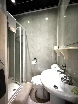 a bathroom with a toilet and a sink and a shower at Central Cove Guesthouse in Blackpool